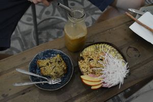 coconut coffee, banana bread, smoothie bowl at La Studio in Hanoi