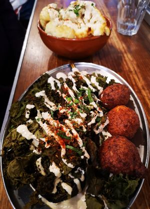Roasted aubergine with red falafels, and roasted  cauliflower at Tahina in Northcote