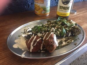 Baked Eggplant with two falafels ($10) at Tahina in Northcote