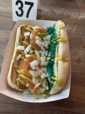Chicago dog- ask for vegan alterations   at Lucky Louie's Beer and Wieners in Erie