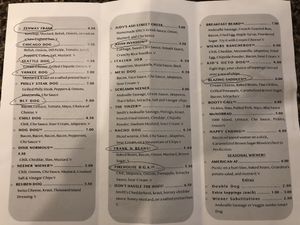 Any of the circled ones can be made vegan. "V" ones can eliminate ingredients. at Lucky Louie's Beer and Wieners in Erie