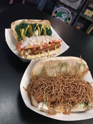 Chicago and Asian Invasion dogs   at Lucky Louie's Beer and Wieners in Erie