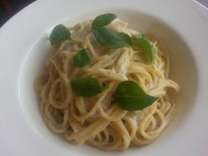 Vegan pasta with creamy garlic sauce at Simple Things in Kampot