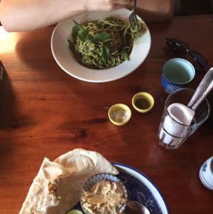 Pasta with the cashew basil pesto and falaffel plate at Simple Things in Kampot