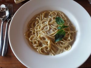 Garlic cream pasta - vegan at Simple Things in Kampot