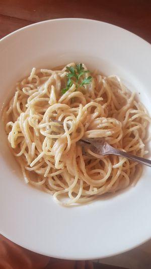 Garlic creamy pasta at Simple Things in Kampot