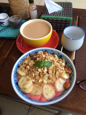Smoothie bowl and masala tea (with coconut milk) at Simple Things in Kampot