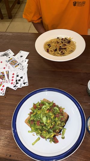 avo on homemade whole meal toast and chilli and garlic pasta ! at Simple Things in Kampot