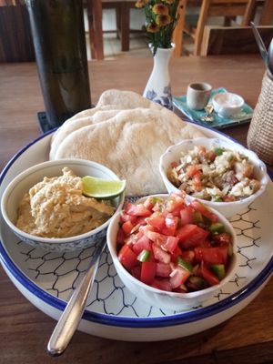 Hummus and Pita with some salad at Simple Things in Kampot