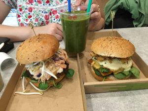 shiitake burger with chickpea omlett and tofu BBQ burges, smoothie  at Vegan Love in Budapest