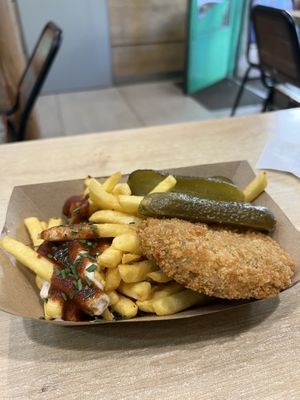 Fries and vegan chicken  at Vegan Love in Budapest