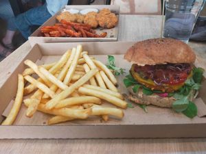 Sweet potato burger with regular fries at Vegan Love in Budapest