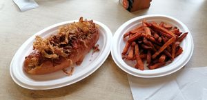 onion dog with sweet potato fries at Vegan Love in Budapest