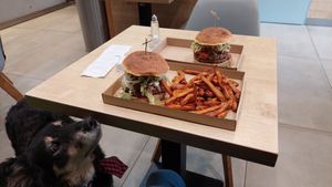 Reka, the mudi-mix, heroically trying to prevent his dad from getting too fat. 😅 at Vegan Love in Budapest