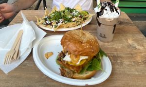 Nachos, BBQ tofu burger, Oreo shake  at Vegan Love in Budapest