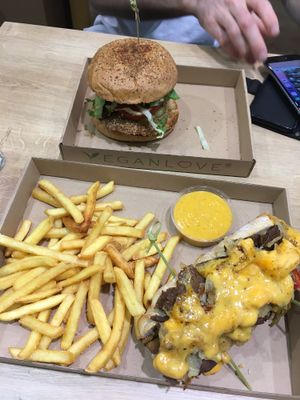 Philly cheese steak and bbq chicken burger!!  at Vegan Love in Budapest