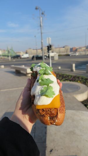 Chilli-dog!! Big enough to share  at Vegan Love in Budapest