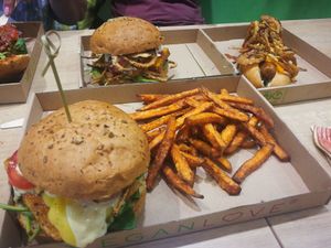 Bbq tofu, onion hot dog, sweet potato fries at Vegan Love in Budapest