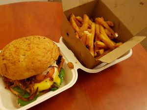 BBQ Tofu burger and French fries, amazing burger at Vegan Love in Budapest