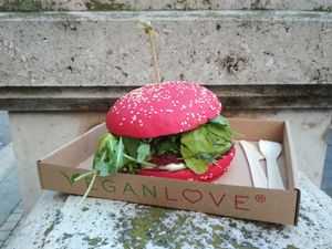 Santa Burger, a limited edition burger that was offered in one of the Christmas fairs in Budapest in December 2018. at Vegan Love in Budapest