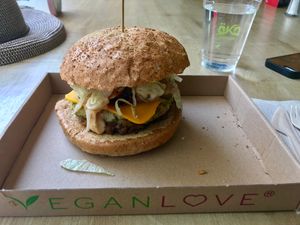 Broccoli millet burger at Vegan Love in Budapest