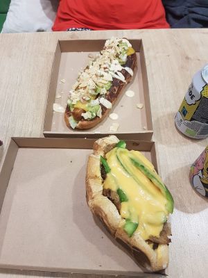 Mexican dog and Philly Cheese Steak sandwhich at Vegan Love in Budapest