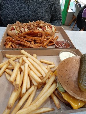 Cheeseburger and onion dog. at Vegan Love in Budapest
