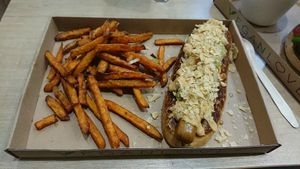 Mexican dog and sweet potato fries at Vegan Love in Budapest