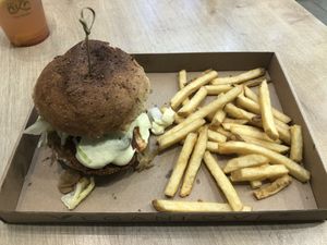 Chicken Burger with Fries  at Vegan Love in Budapest