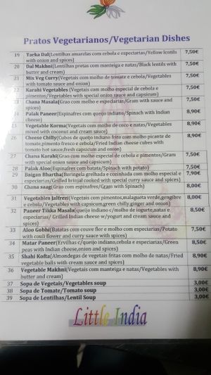 Vegeterian/vegan menu at Little India in Nazare