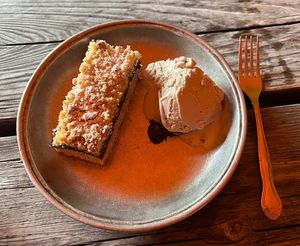 Blueberry crumb cake with sunflower seed ice cream  at Apteka in Pittsburgh