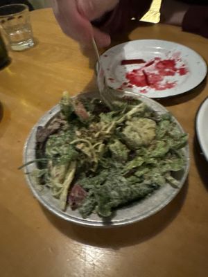 Out of focused warm potato saladd  at Apteka in Pittsburgh