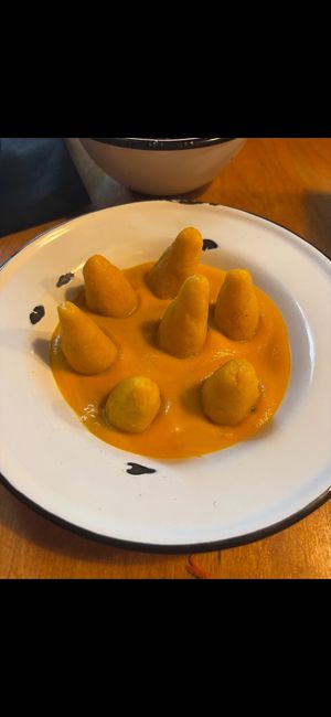 Kluski Leniwe (potato and sunflower seed dumplings in carrot and sunchoke sauces) at Apteka in Pittsburgh