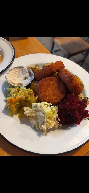 Kotlet Selerowy (celeriac schnitzel with beets, leek/apple salad, “Pole” slaw, dill poatatos, and horseradish  at Apteka in Pittsburgh