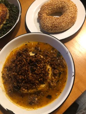 Smazonka z Baklazanu i Kaszy (fried eggplant, buckwheat, tomato, and chanterelles over potato with double fat, tomato and herb au jus and bread) at Apteka in Pittsburgh