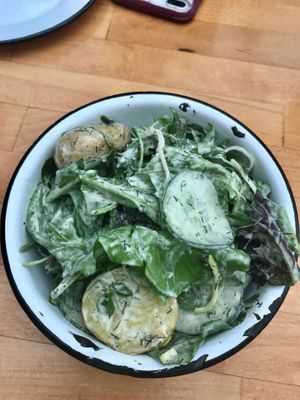Salatka 2 (salad with dill vin, lemon balm, leek, potato, cucumber) (gf) at Apteka in Pittsburgh