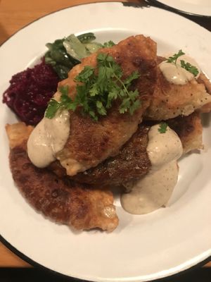 sauerkraut/mushroom and cabbage/potato  pierogis  at Apteka in Pittsburgh