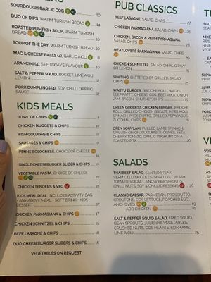 Menu with Vegan options labeled   at The Foundry Hotel in Bendigo