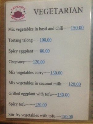 Vegetarian menu at Levine's Eatery in Coron