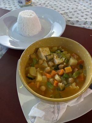 Chickpea, tofu and vegetable curry with white rice  at Levine's Eatery in Coron