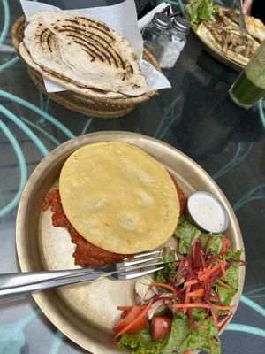 Vegan Shashuka with banana Lassi (coconut milk)  at OR2K in Pokhara