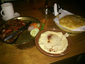 hummus and chips chilly with soy hot chocolate at OR2K in Pokhara