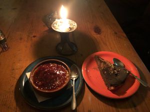 Vegan crème brûlée and chocolate pumpkin pie at OR2K in Pokhara
