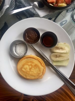 Breakfast- vegan pancakes  at OR2K in Pokhara