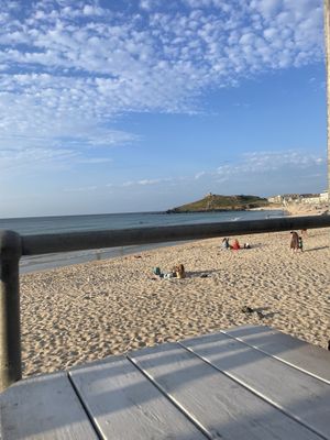 View from tables  at Porthmeor Beach Cafe in St Ives