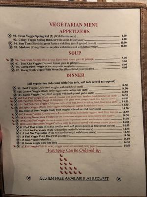 Vegan/vegetarian menu   at Pattaya Thai Restaurant in Penfield