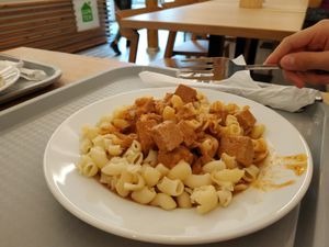 Paprikaš with pasta and small tofu peaces at Lunter Shop & Bistro in Banska Bystrica