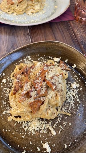 Vegan Carbonara with Tempeh at Rifugio Romano in Rome