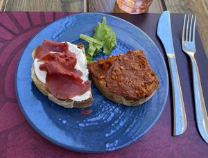 Two kinds of bruschetta  at Rifugio Romano in Rome