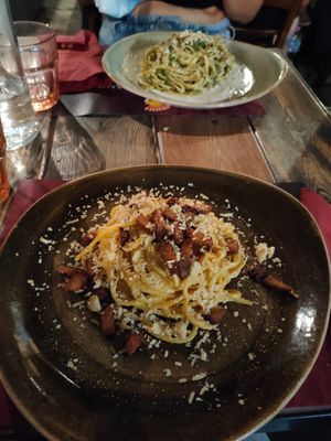 Vegan carbonara and vegan tonnarello at Rifugio Romano in Rome